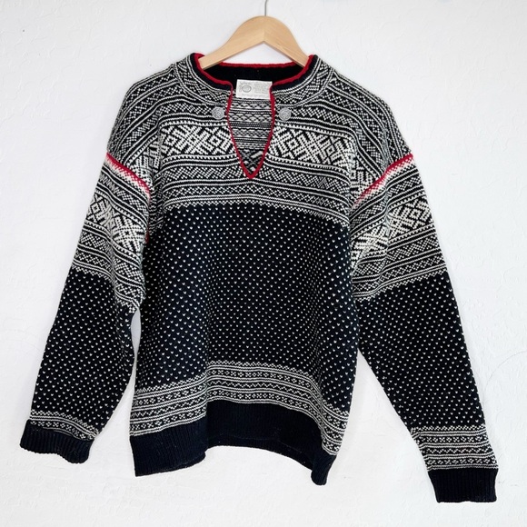 NORDIC NOMAD Black White Red Wool Nordic Design Print Sweater - Picture 1 of 6